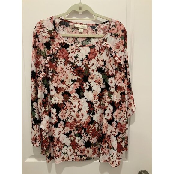 Emaline Blouse 2X Women’s Long Sleeve Floral Print Ruffles Maroon Pink Green - Picture 1 of 8